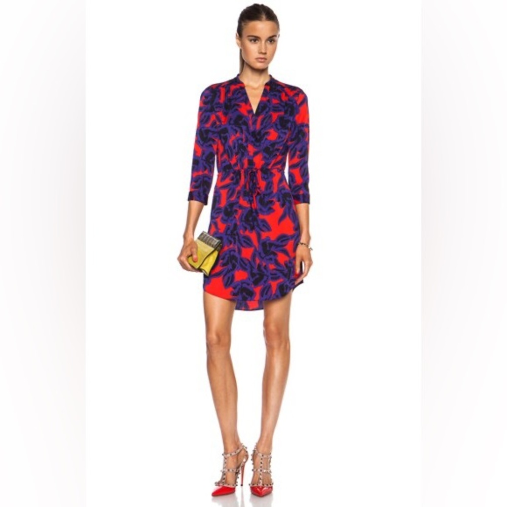 DVF Diane von Furstenberg Poppy Floral Print Stretch Silk Freya Shirt Dress Sz 4
